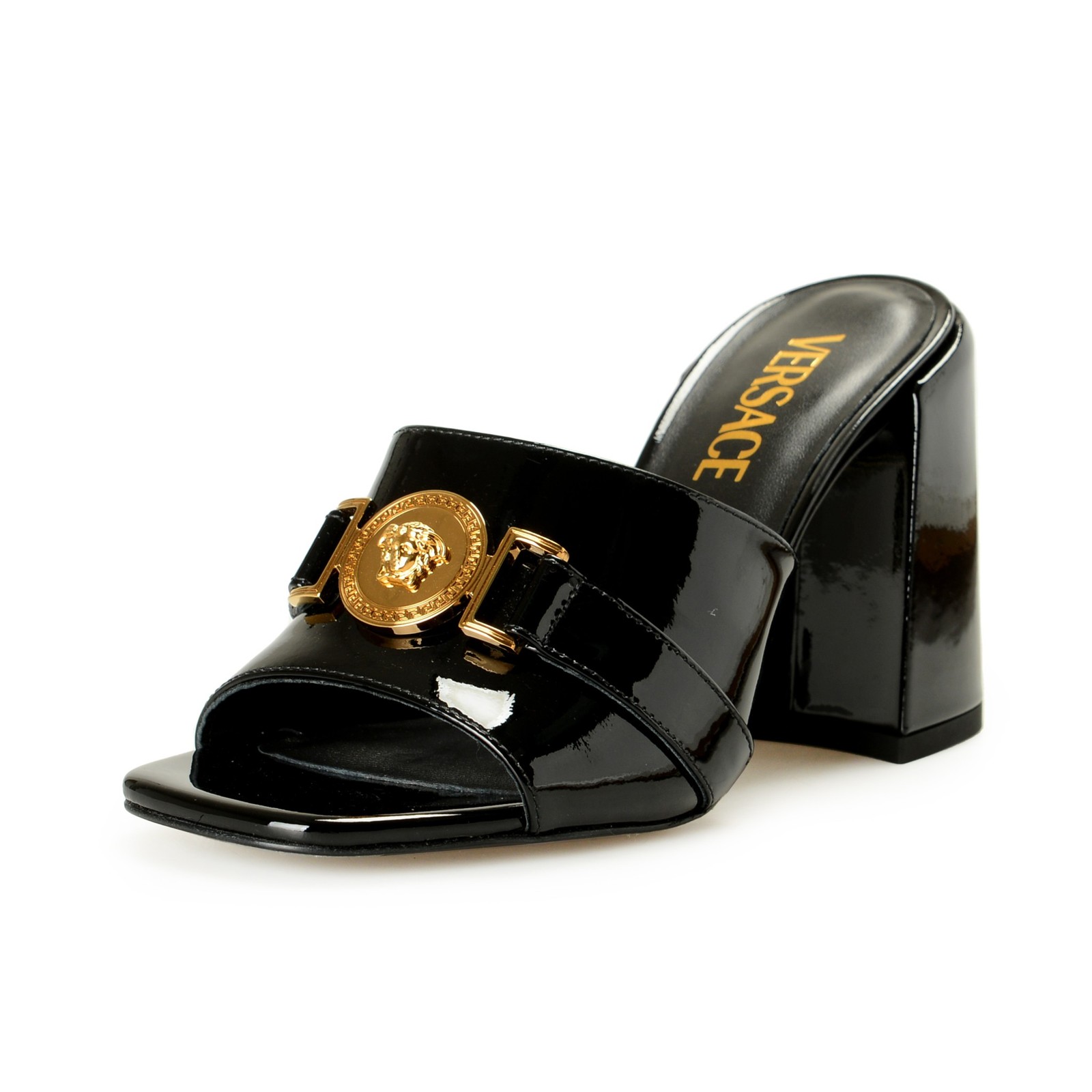 Versace Women’s Black Patent Leather Gold Medusa Mules Sandals Shoes US 6 IT 36
