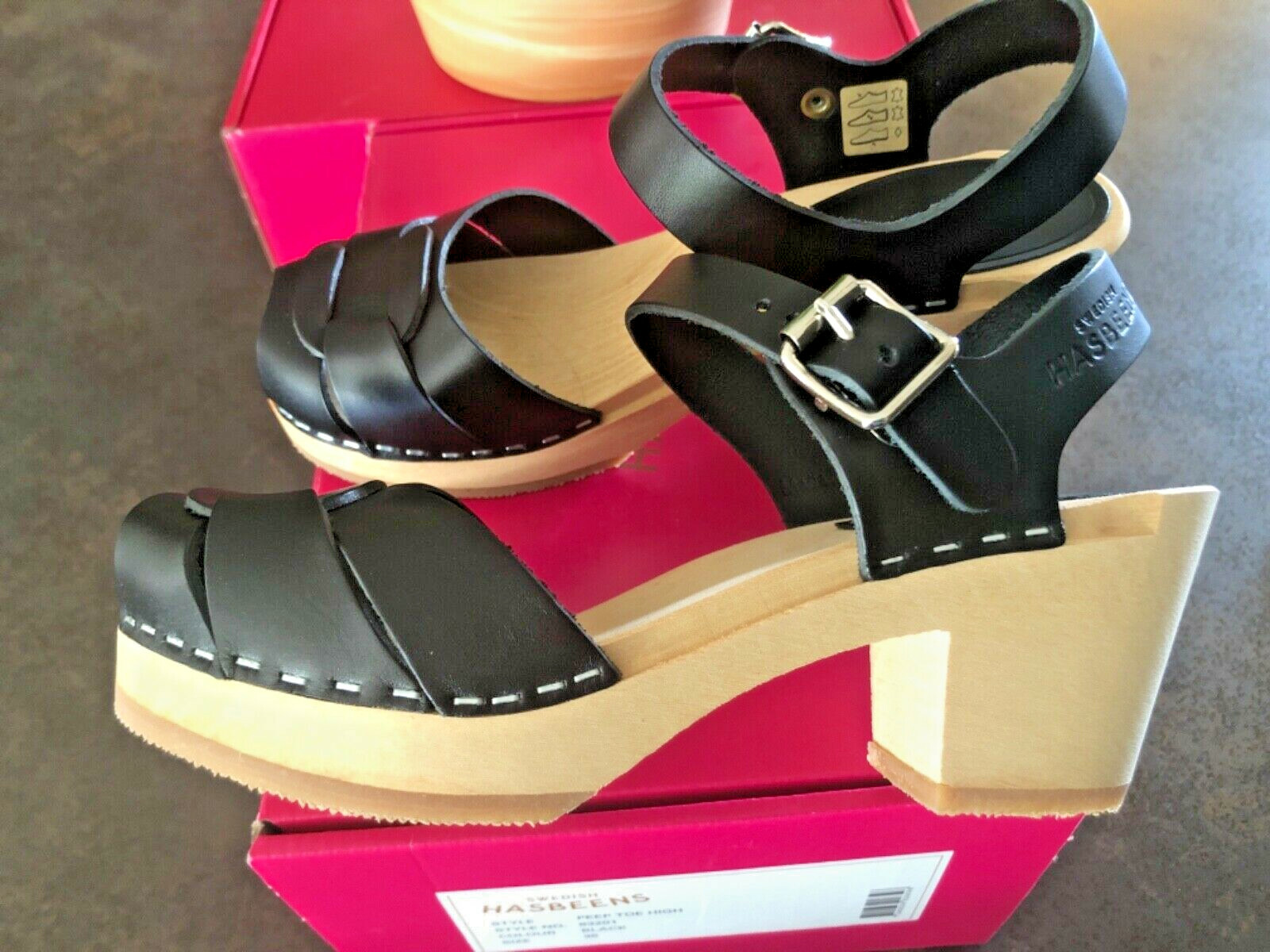 Swedish Hasbeens PEEP TOE HIGH Wood Clog Sandals BLACK Size 36 US 6.5? NEW