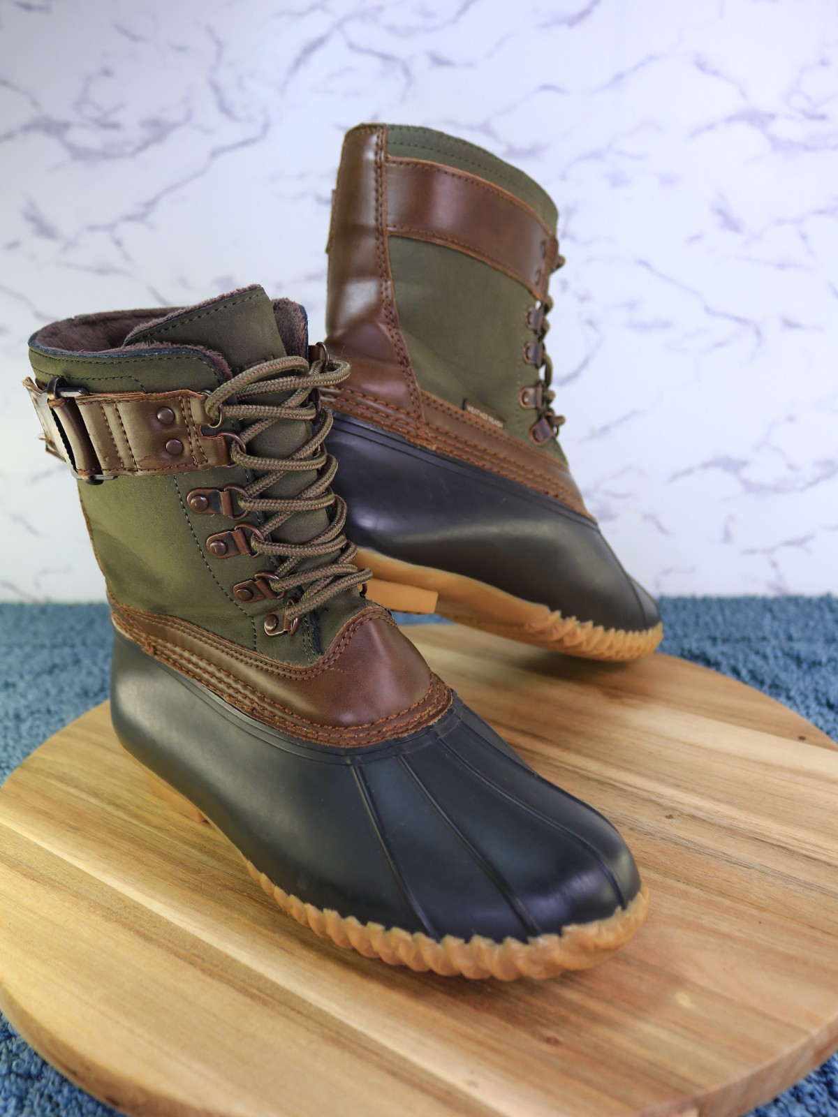 JBU Calgary Brown Green Black Lace Up Mid Calf Duck Work Rain Boot Women Sz 6.5M