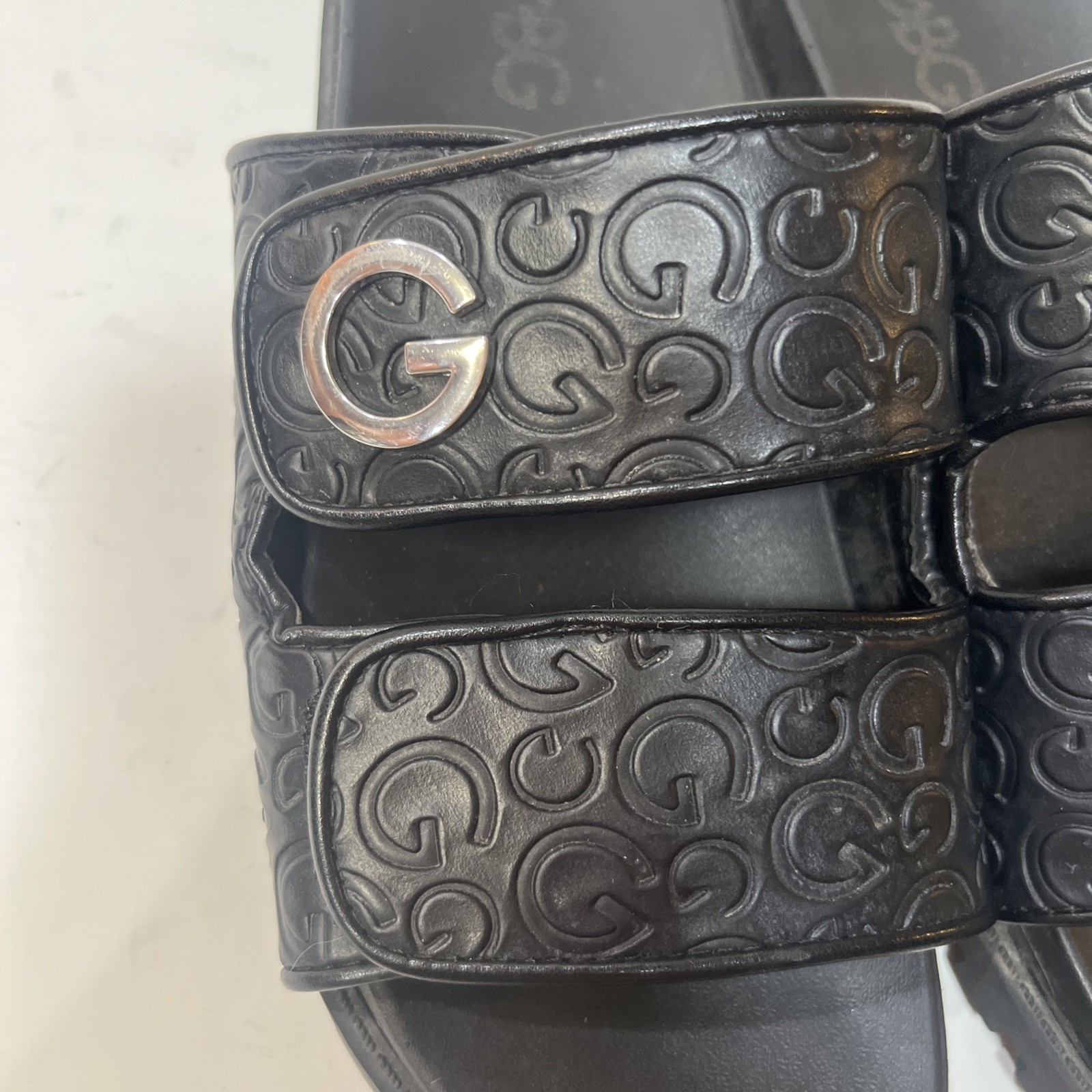 Guess GBG Black Embossed Slides Sandals Silver Accent Size 8M