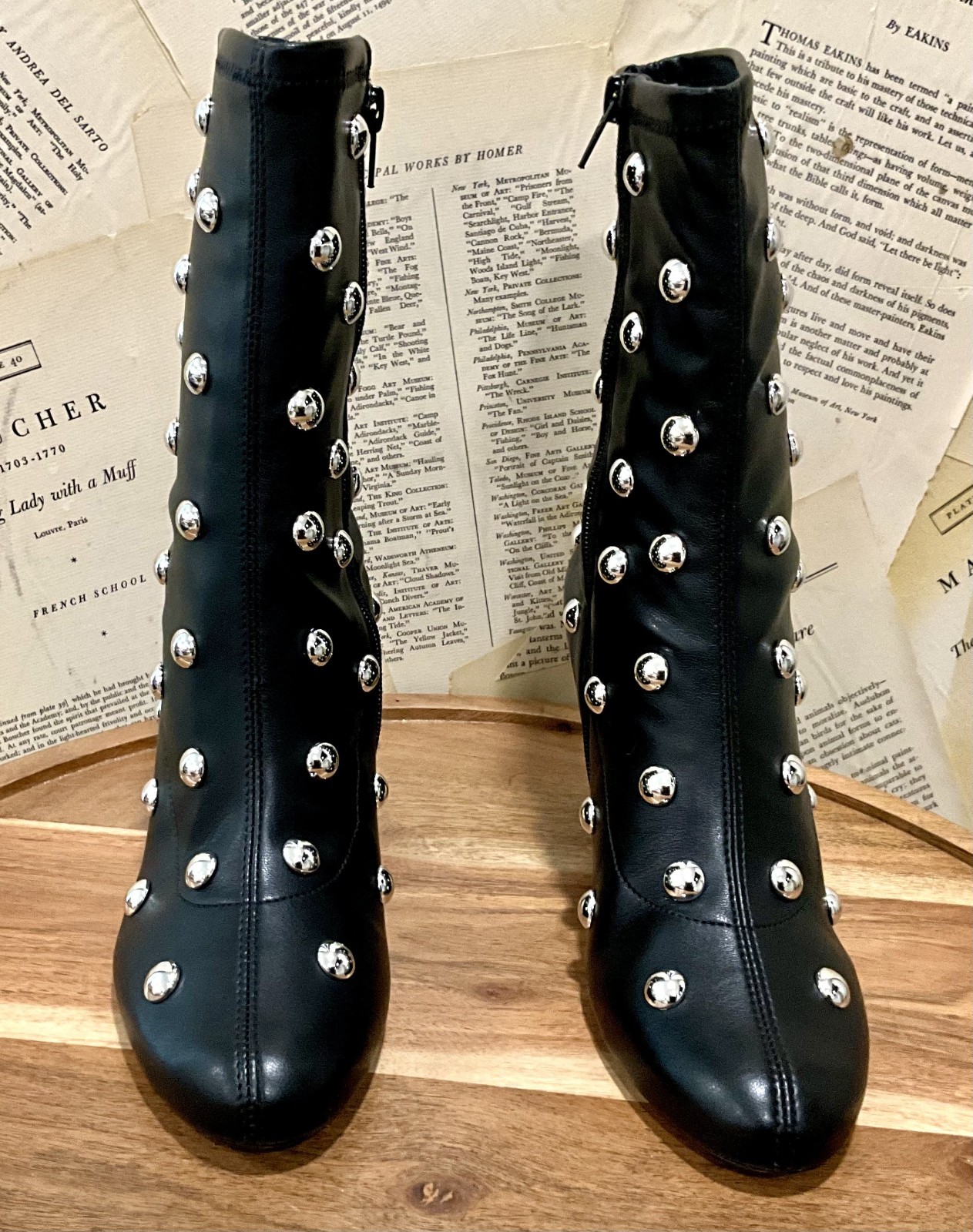 Anthropologie Maeve Studded Stretch Ankle Boots Black Silver Studs 37/ 6-6.5 NIB