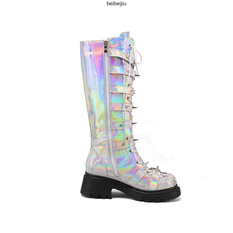 Women’s Punk Cosplay Mid Calf Boots Spike Studded Mid Block Heel Buckle Shoes Sz