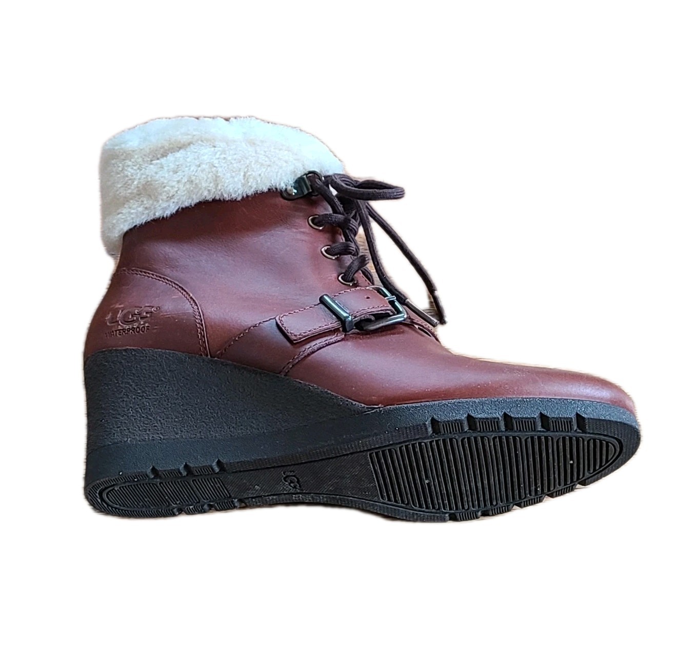 UGG Janney Brown Boots Womens 8.5 Leather & Sheepskin Lace Up Wedge Ankle Bootie
