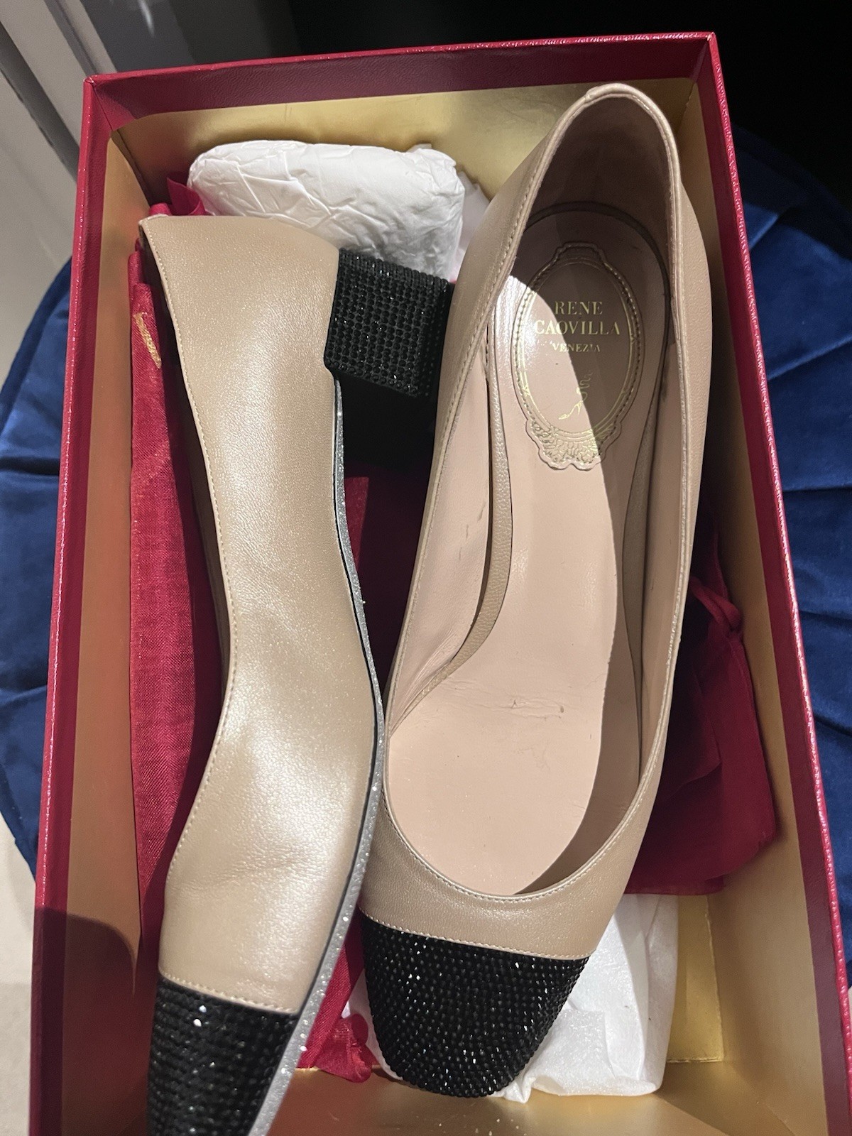 René Caovilla Bonnie Crystal Block Heel Pumps Leather Beige Black EU 38
