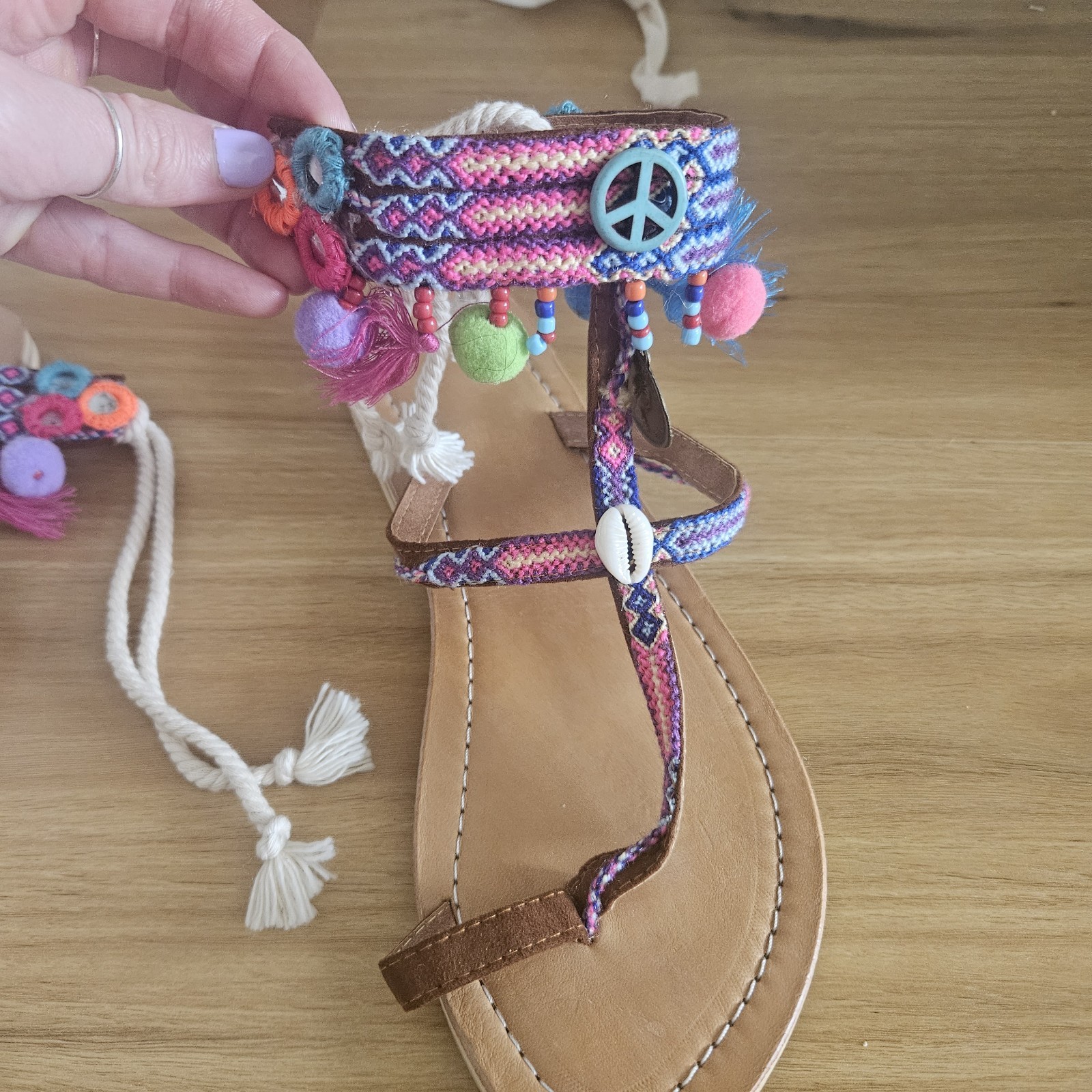 Hippie Boho Bali Made Unique Embroidered Beaded Festival Sandals Thongs Size 8au