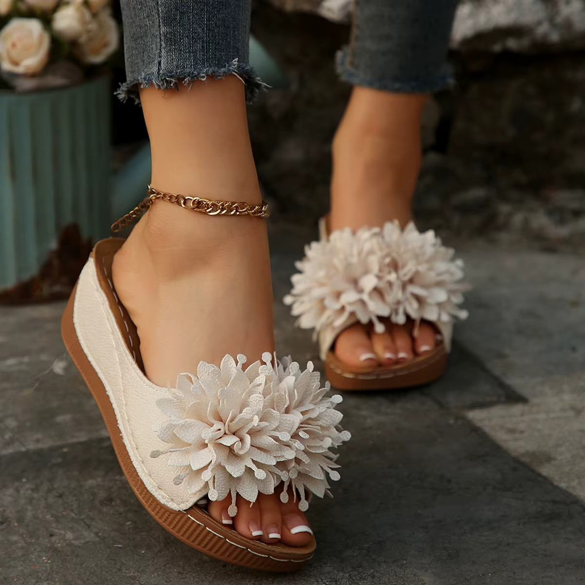 Women’s Flower Wedge Sandals Open Toe Slip-On Summer Platform Slides Casual