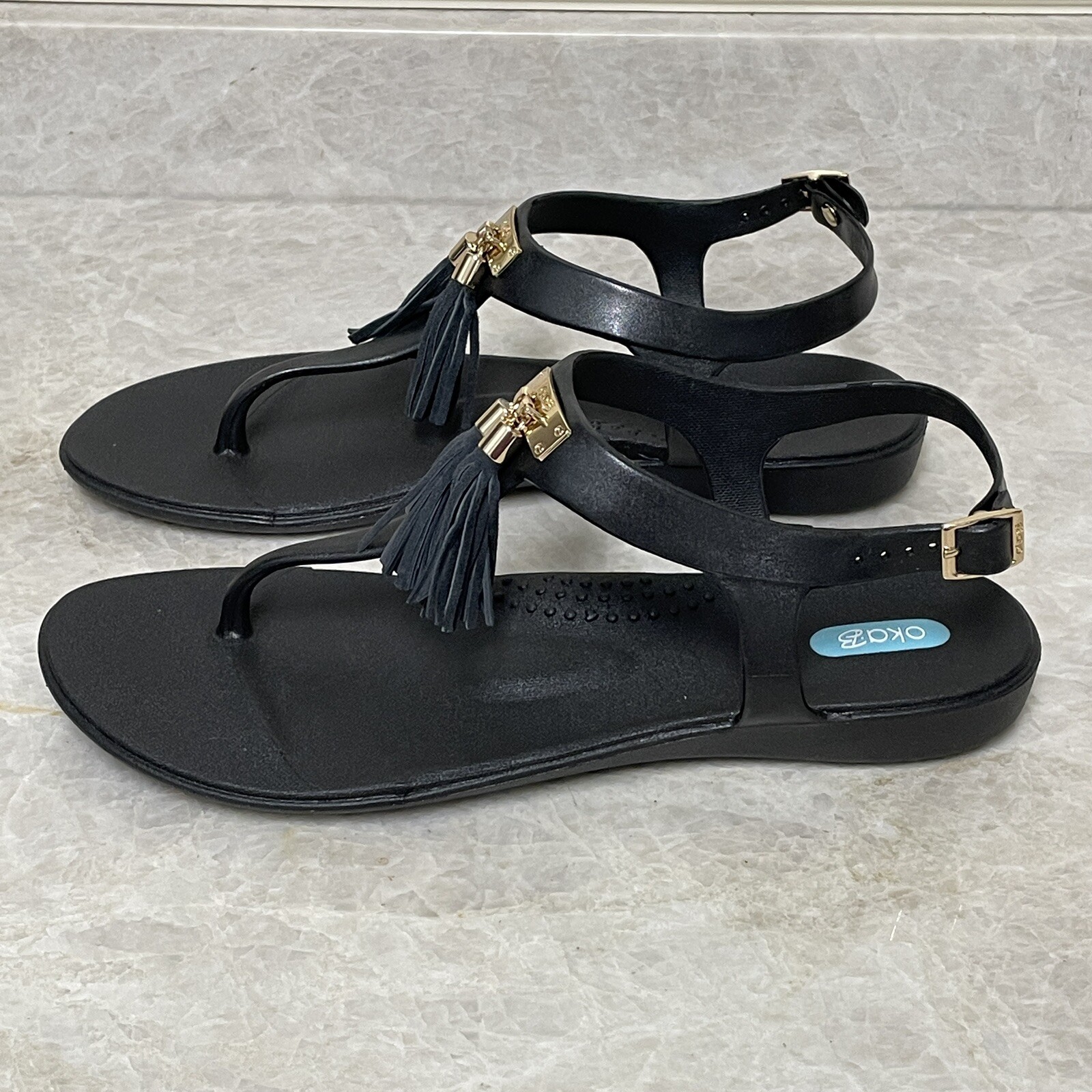Oka-B Thong Sandals Womens 9 Black Tassel Jelly Comfort Flip Flops Summer New