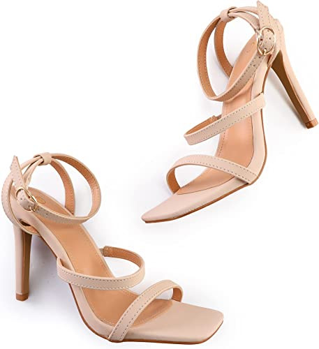 mysoft Square Toe Stilettos Ankle Strap High Heeled Sandals Nude ~ Size 7