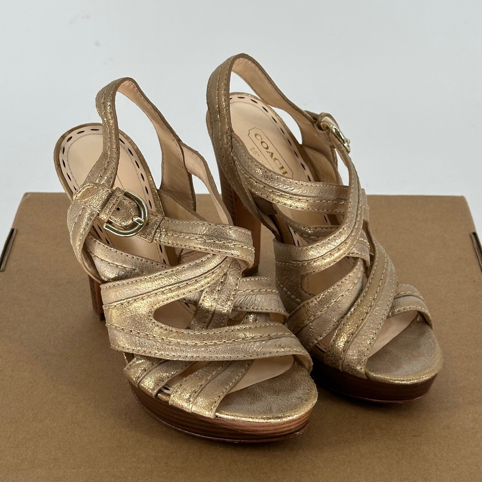Coach Brynne Gladiator Metallic Gold Platform High Heels Ankle Strap Women’s 6 B
