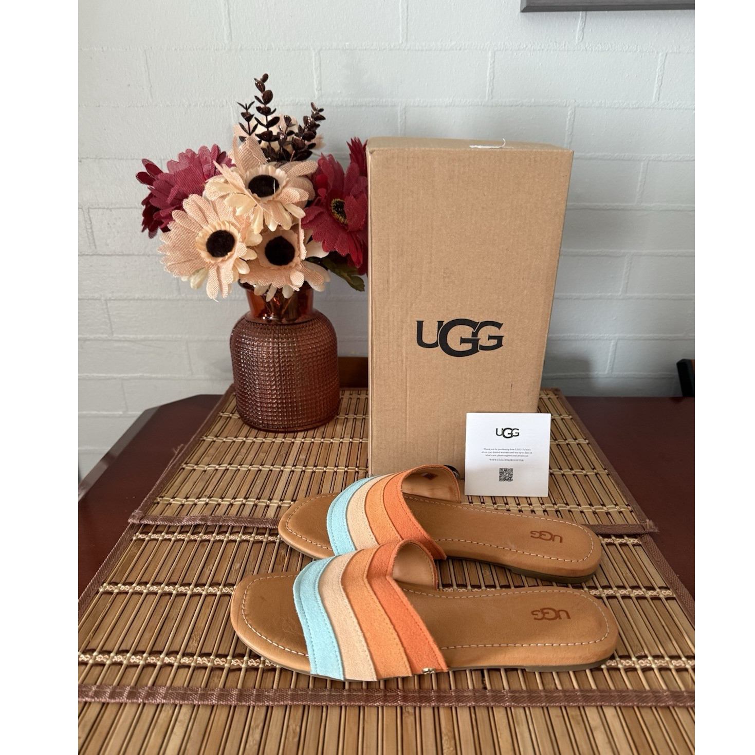 UGG Orange Beige Blue Colorblock Slide Sandals Slip-On Women
