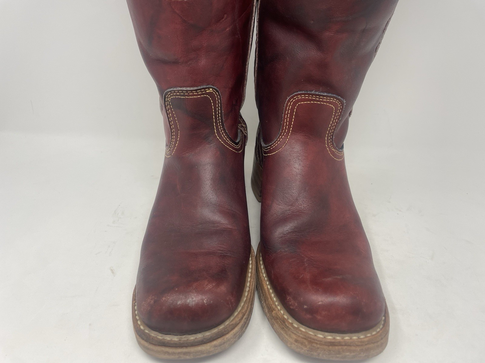 RARE Vintage 70s Frye Campus Boots Longhorn Stitched Burgundy 8 n Narrow