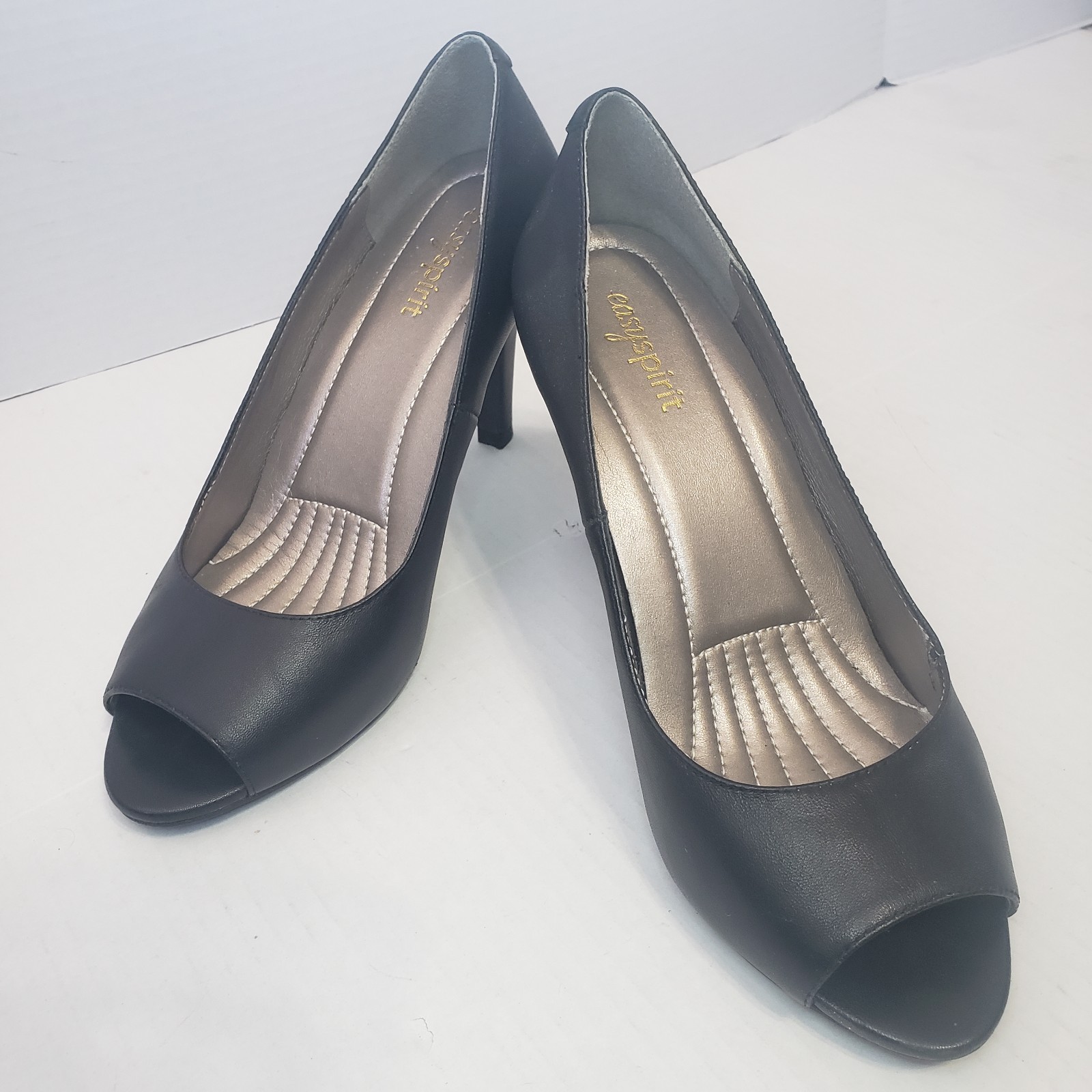Easy Spirit Shoes Size 7W Black Leather Peep-toe Heels 3.25 inch Dressy Classic
