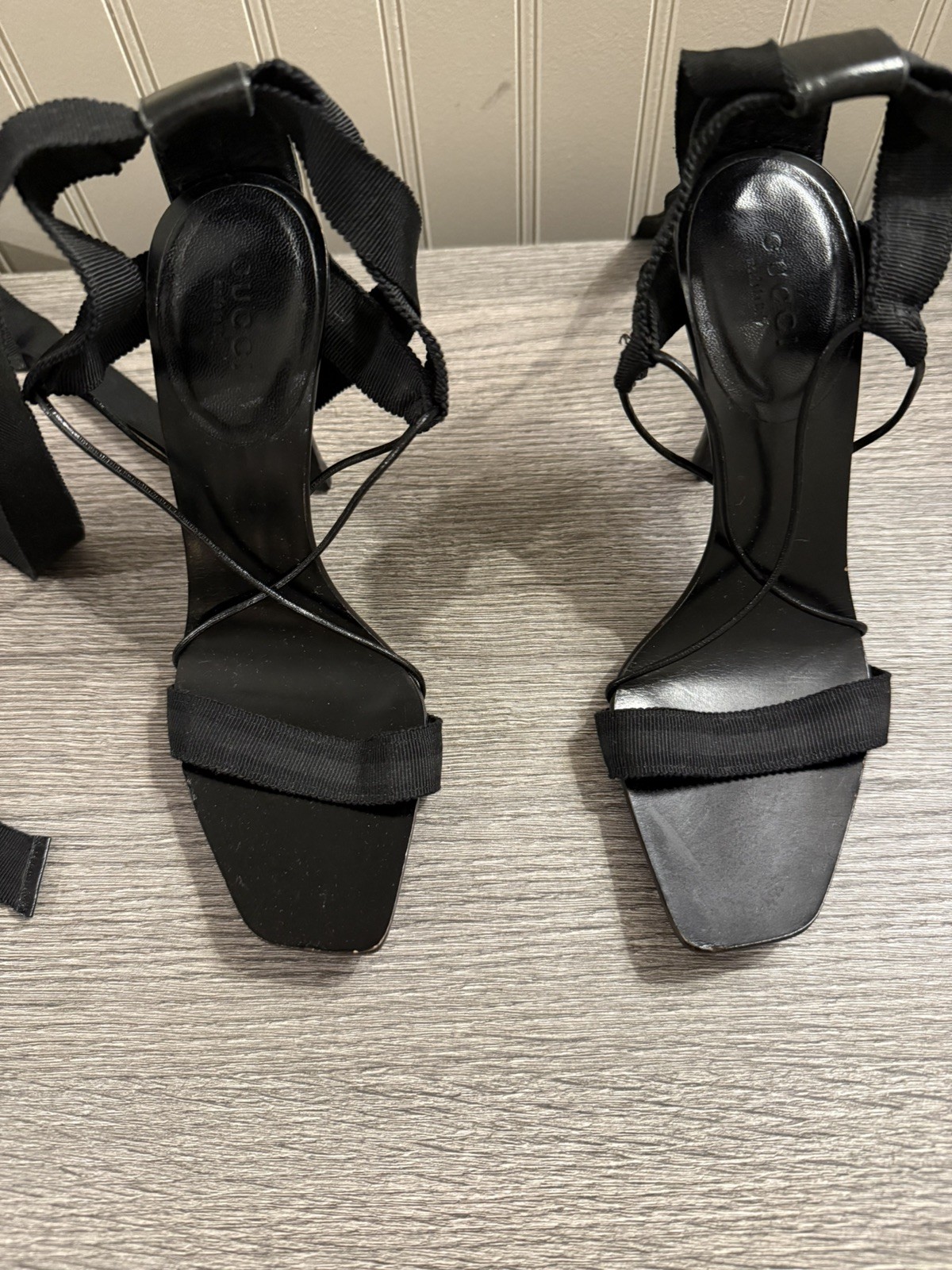Authentic Gucci Tom Ford Black Ribbon Lace Up Heels Sandals 5.5B Made in Italy