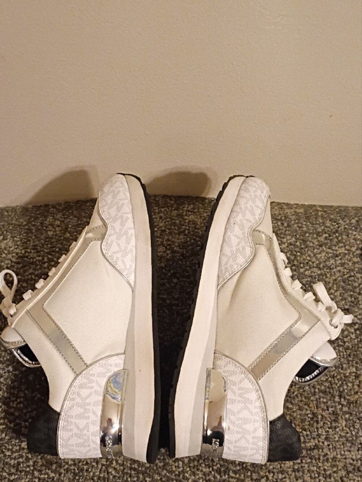 Michael Kors Maddy Trainer White & Silver Logo-Accent Sneakers Size 8.5