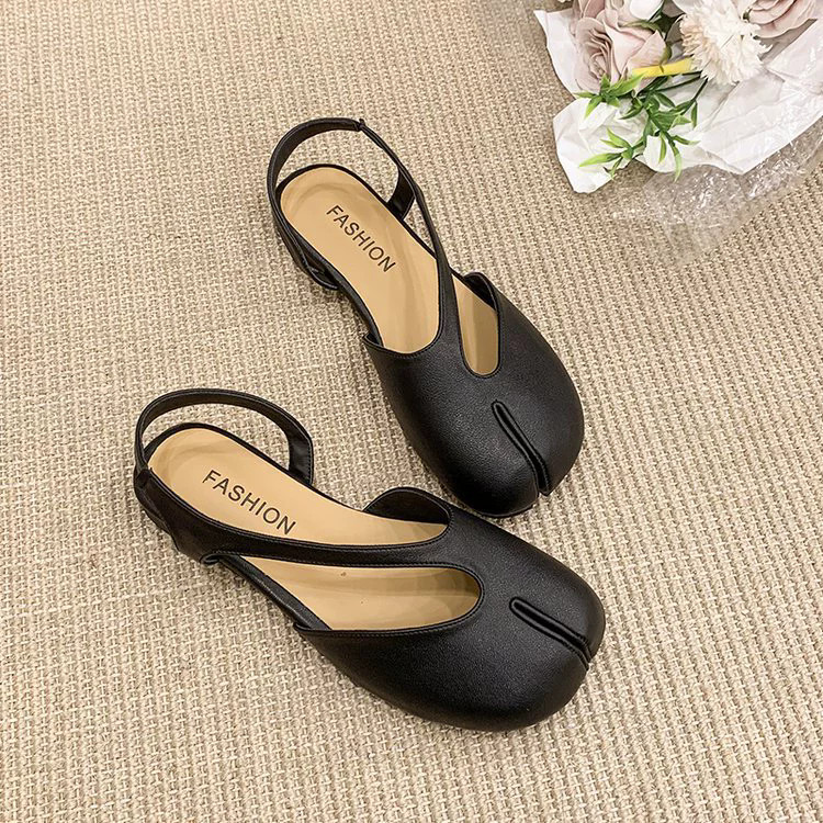 Women’s Leather Split Toe Slingback Flats T-Strap Cutout Backless Mule Sandals
