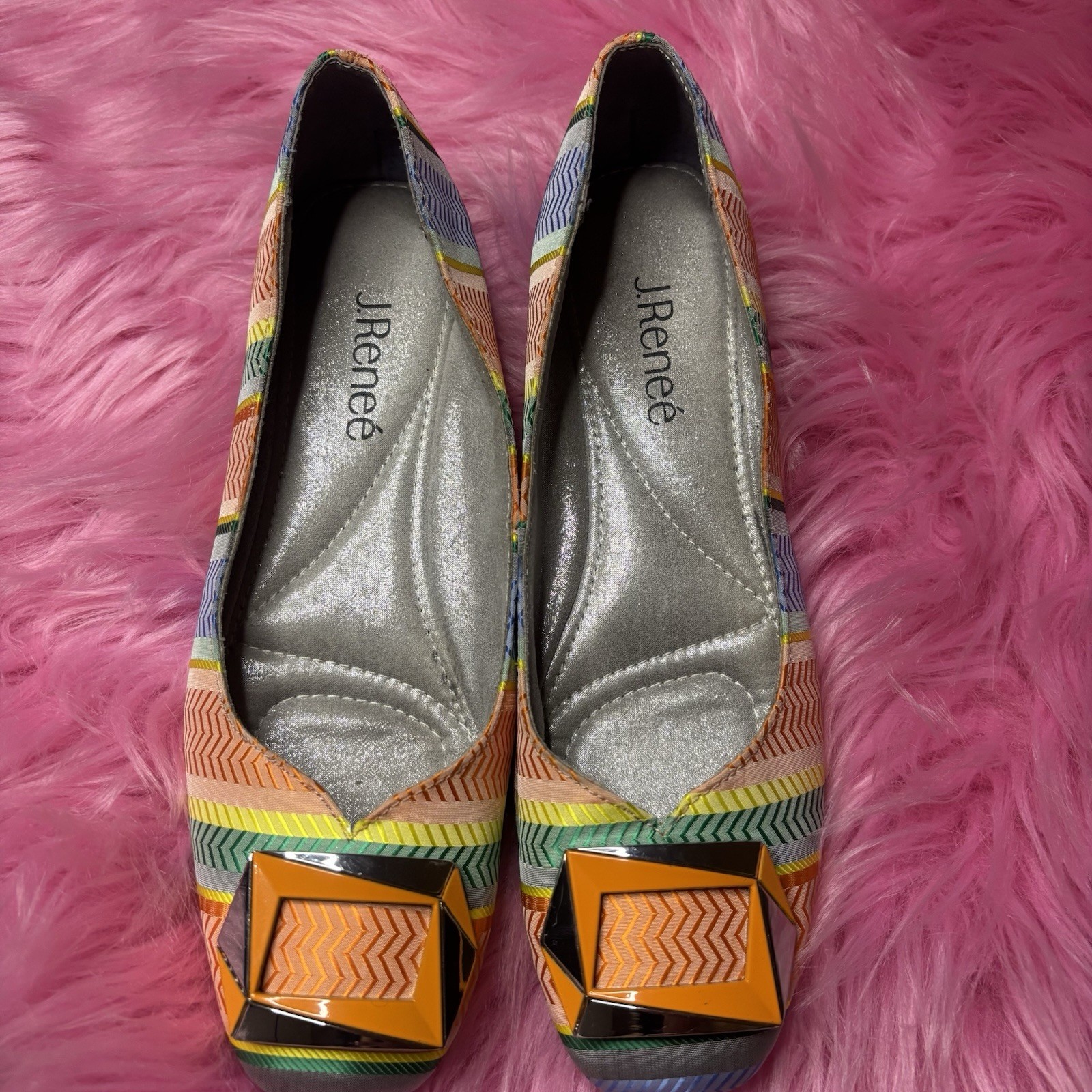 J. Renee Colorful Striped Buckle Ballet Flats Square Toe Gem Accent Size 7