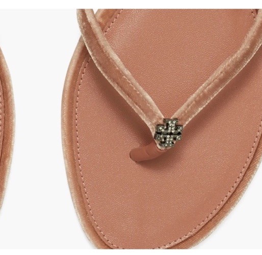 TORY BURCH Classic Crystal Pave Logo Velvet Flip Flop Sandals Vintage Rose 7.5