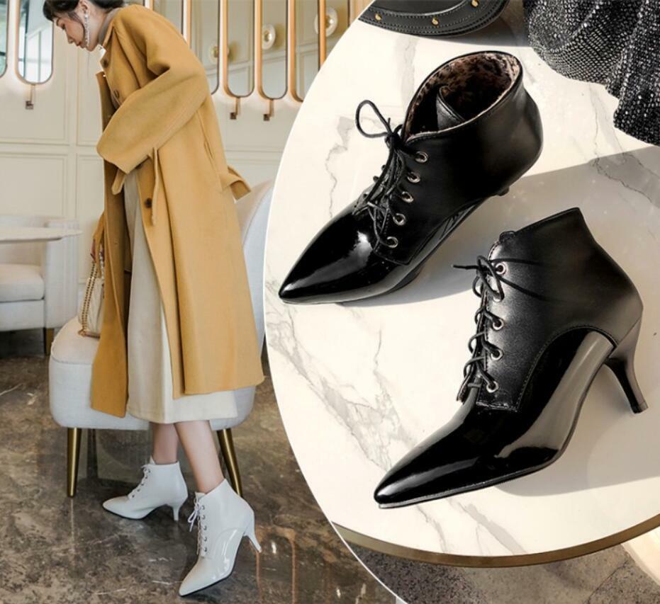 Splicing Women’s Faux Leather Ankle Boots Lace Up Shoes Kitten Heel Pointy Toe