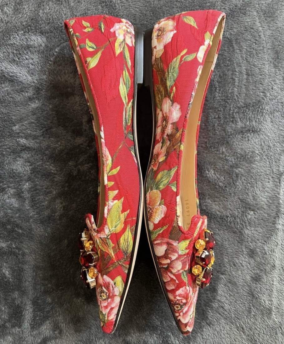 Dolce & Gabbana Red Multicolor Floral Gem Embellished Pointed Toe Flats US 9