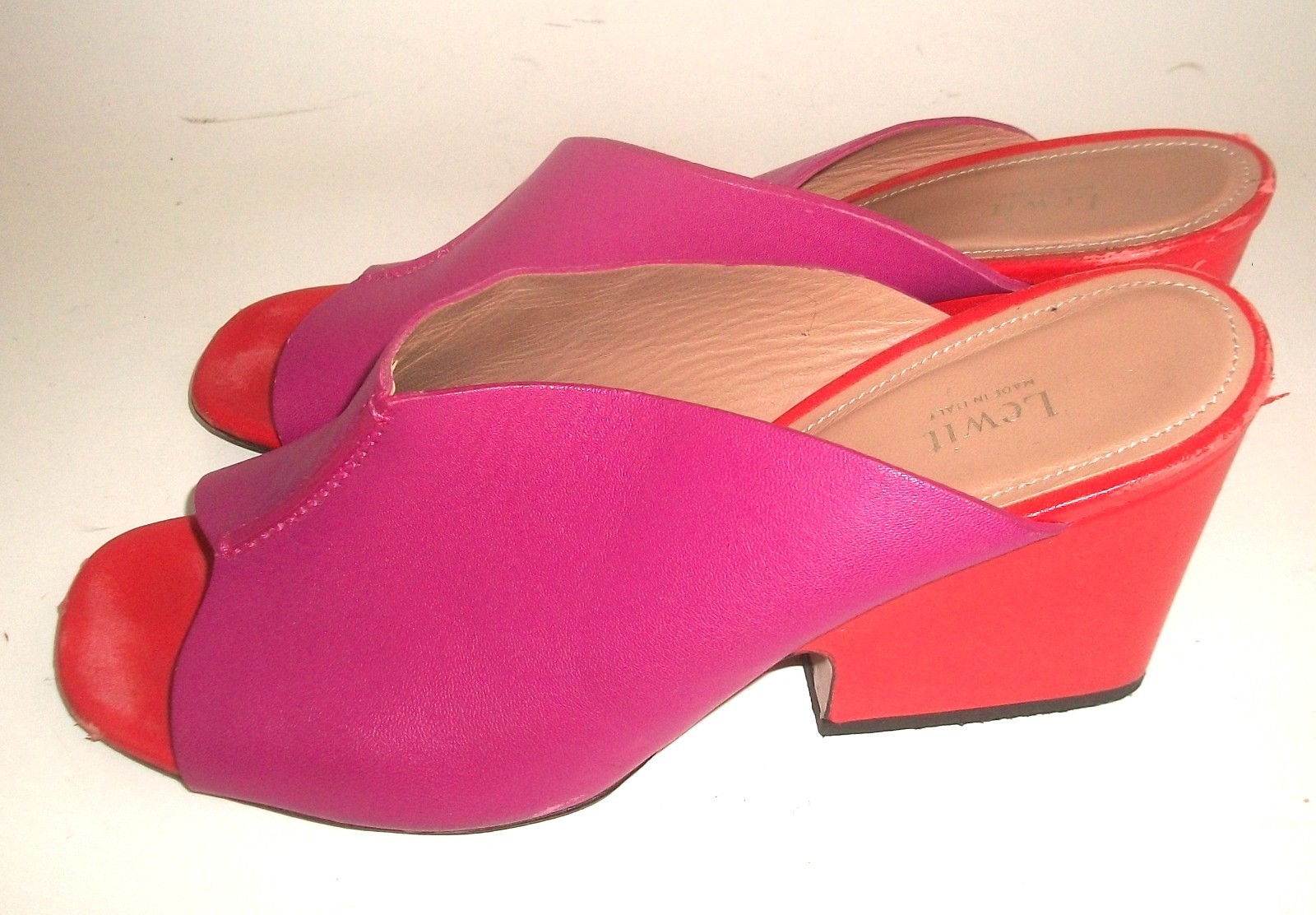Lewitt Fuschia Pink and Red Leather Open-Toe Heeled Mules Made in Italy 10M