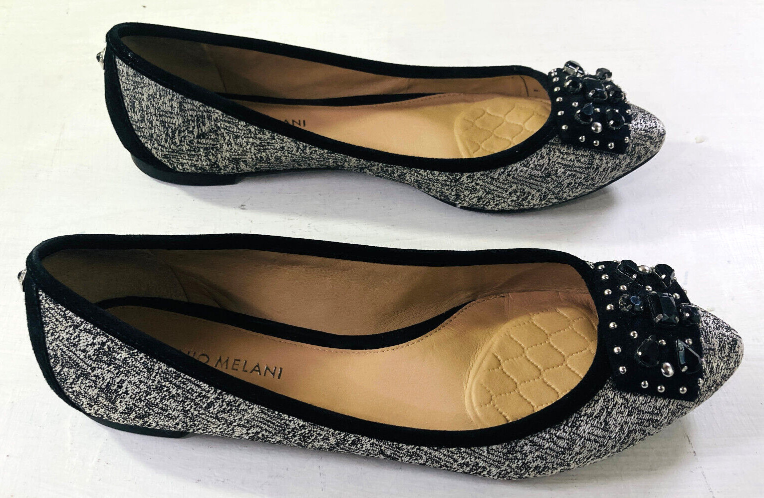 Antonio Melani Black & Silver Flats Silver Studs & Large Black Rhinestones Sz 9
