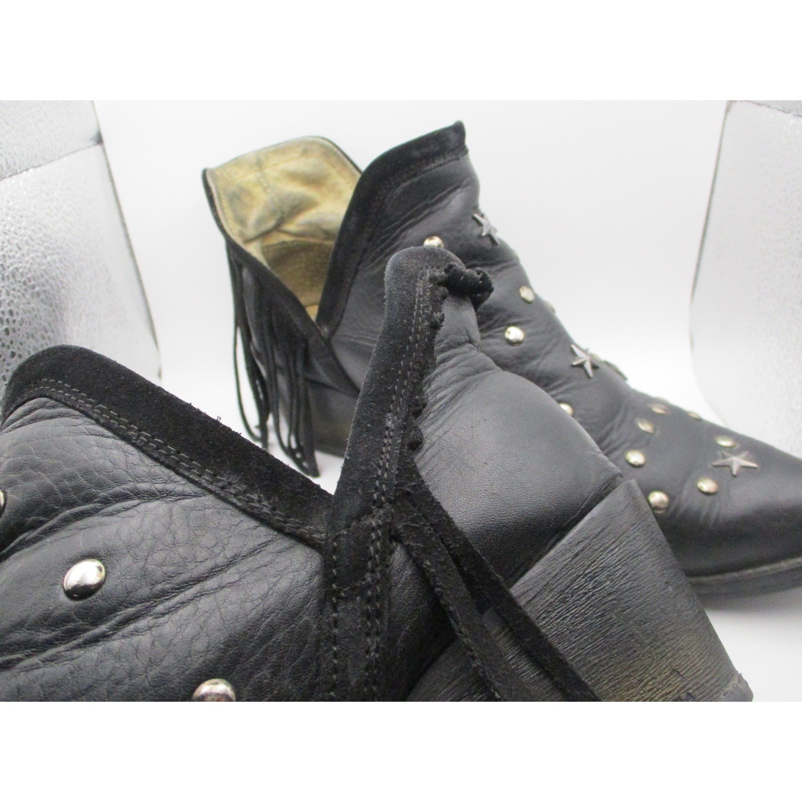 Black Leather Star Studded Pointed Toe Ankle Boots Leopard Print Lining Womens