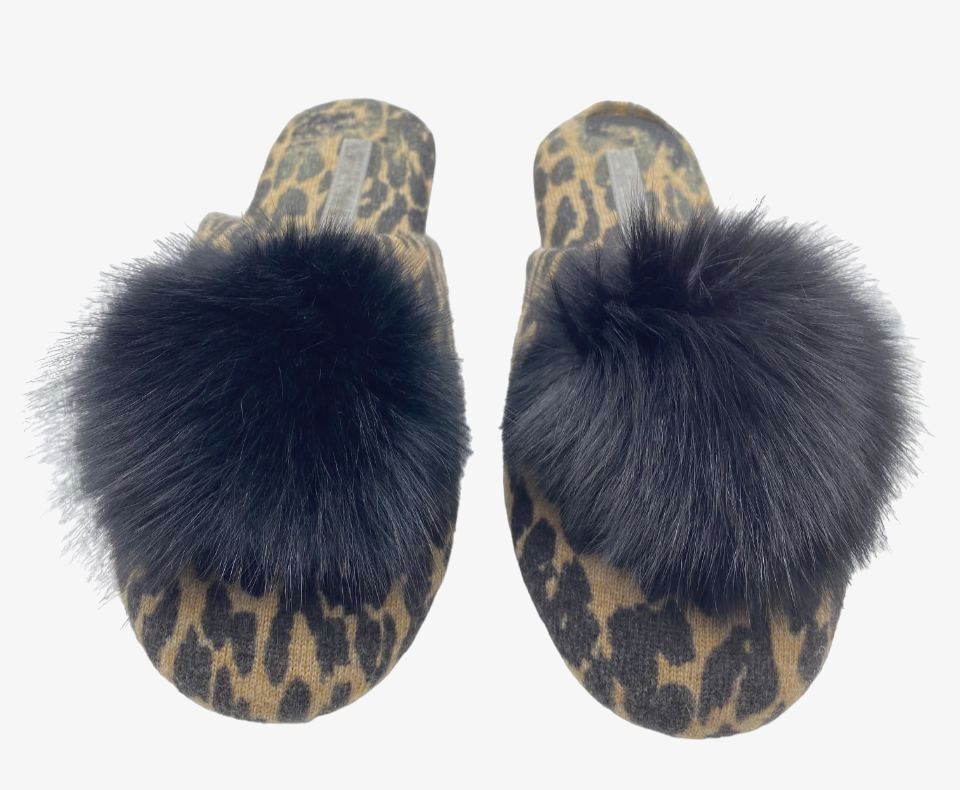$165 Neiman Marcus Women’s Brown Leopard Cashmere Fur Slipper Shoe Size US S