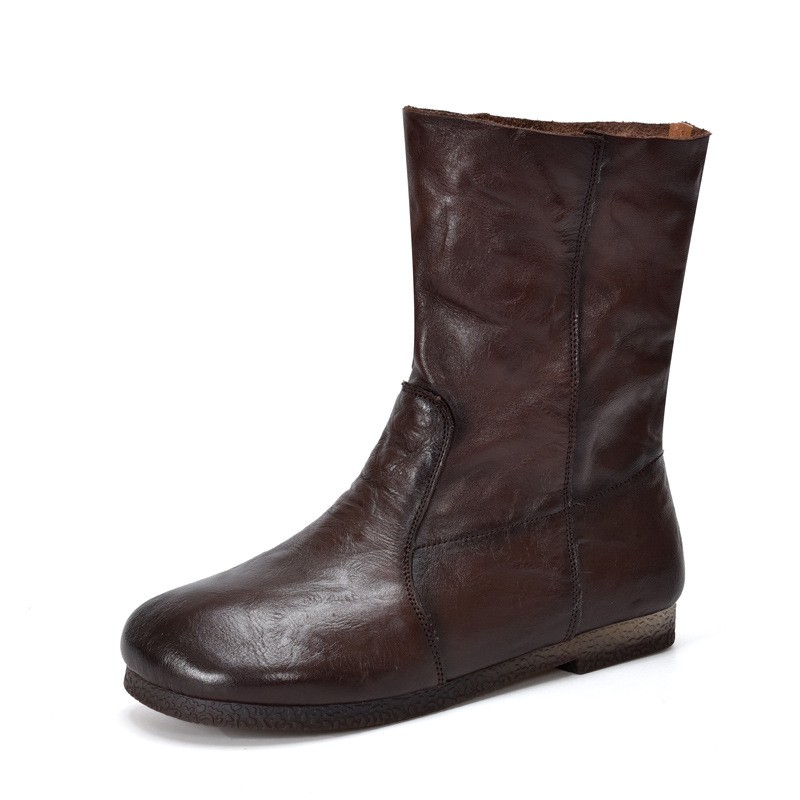 Women Genuine Leather Mid Calf Boots Round Toe Flat Soft Sole Pull on Shoes