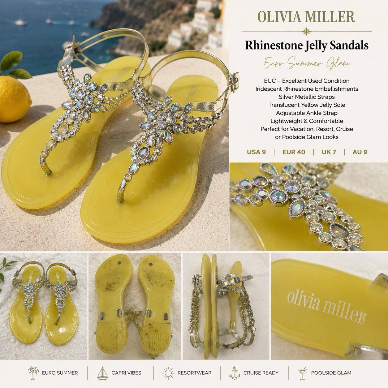 EUC Olivia Miller Rhinestone Yellow Thong Jelly Euro Summer Glam Resort Y2K 9