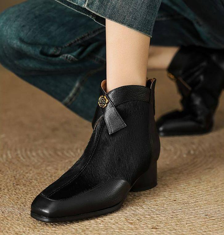 Women Winter Pointed Toe Block Heel Ankle Boot Fluff Leather Chelsea Short Boot