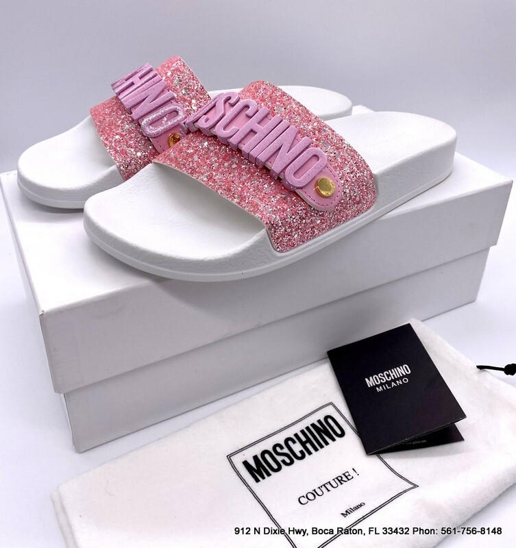 MOSCHINO GLITTER LETTERING LOGO POOL 25 SLIDES Pink White size 39