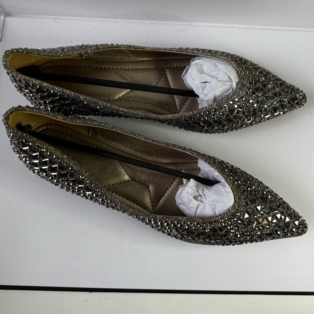 Embellished Rhinestone Pointed Toe Flats Silver Sparkly Dress Shoes Size 7 new