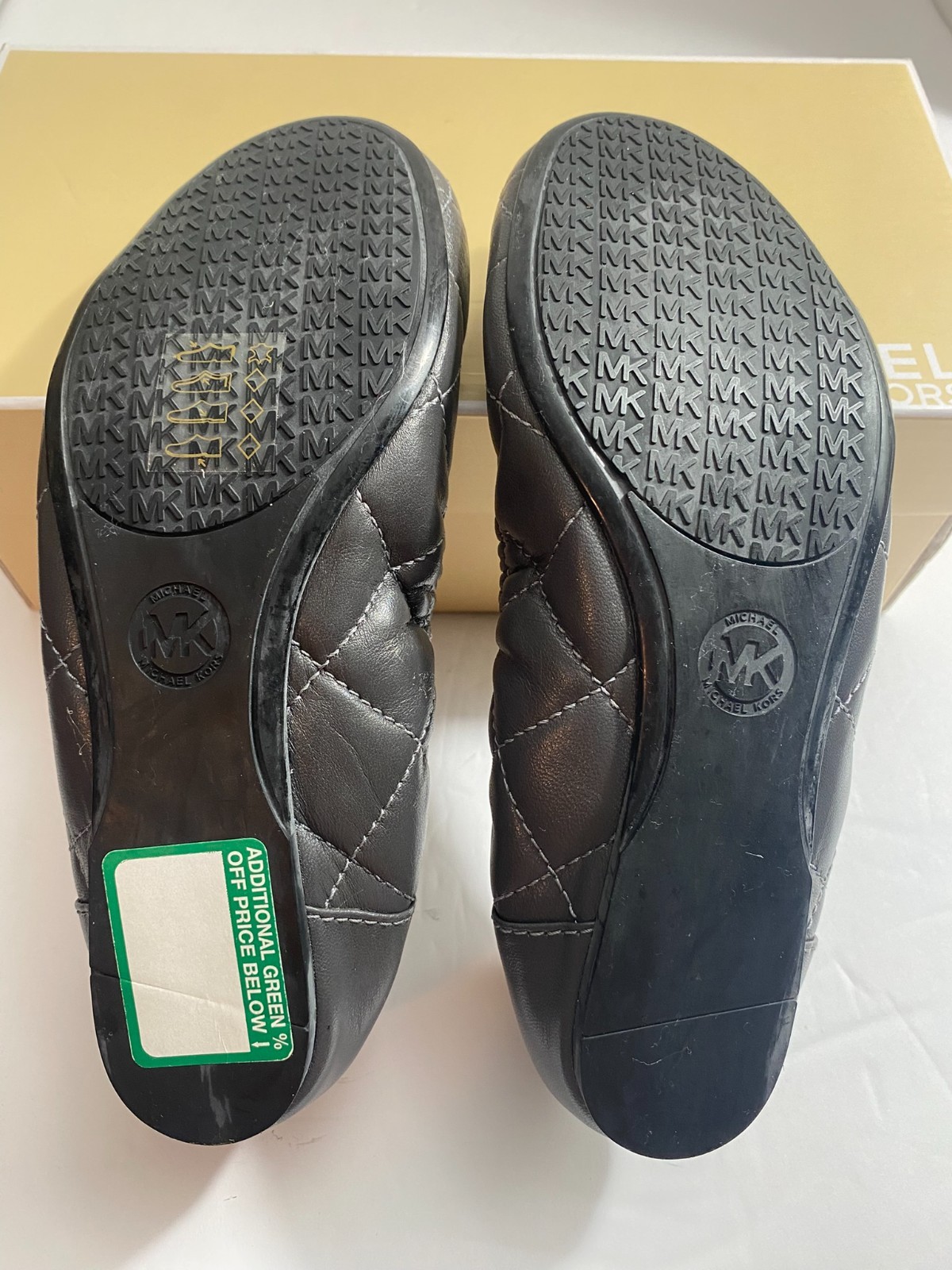 Michael Kors Fulton Quilted Ballet Flats Dark Gray Leather Silver MK Logo 6M-New