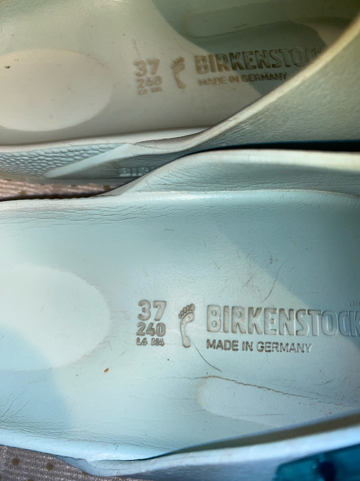 Birkenstock Arizona EVA sandals in surf green with stealth buckles US 6/6.5 (c)