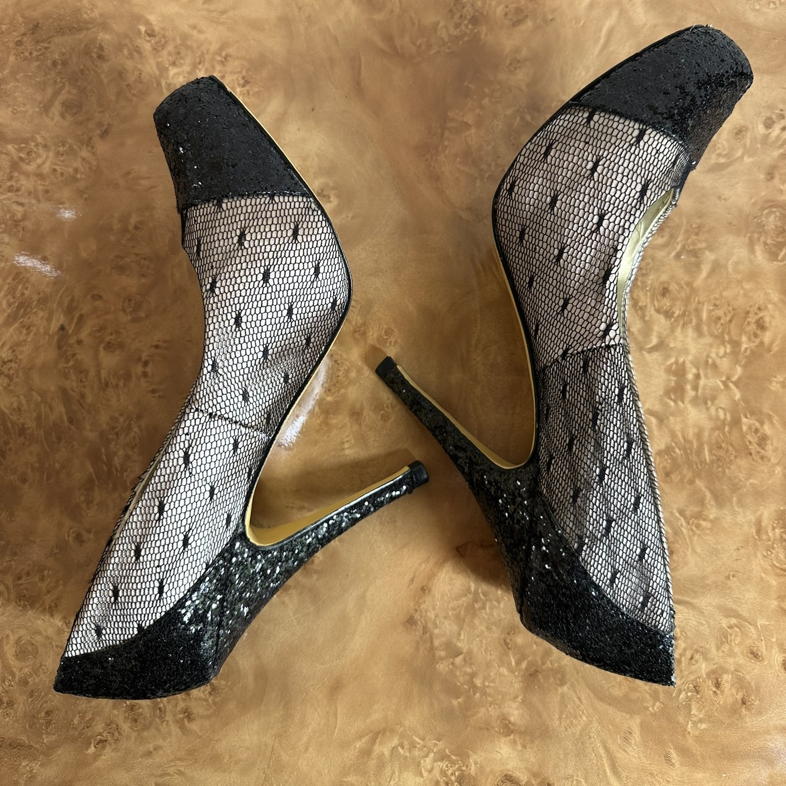 Lulu Townsend Black Glitter Cap Toe Fishnet Mesh Stiletto Pumps Women’s 7.5M