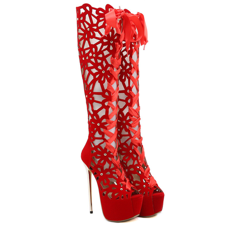 Women’s Knee High Summer Long Boot Hollow Out Studded Sandal Heel Platform Shoes
