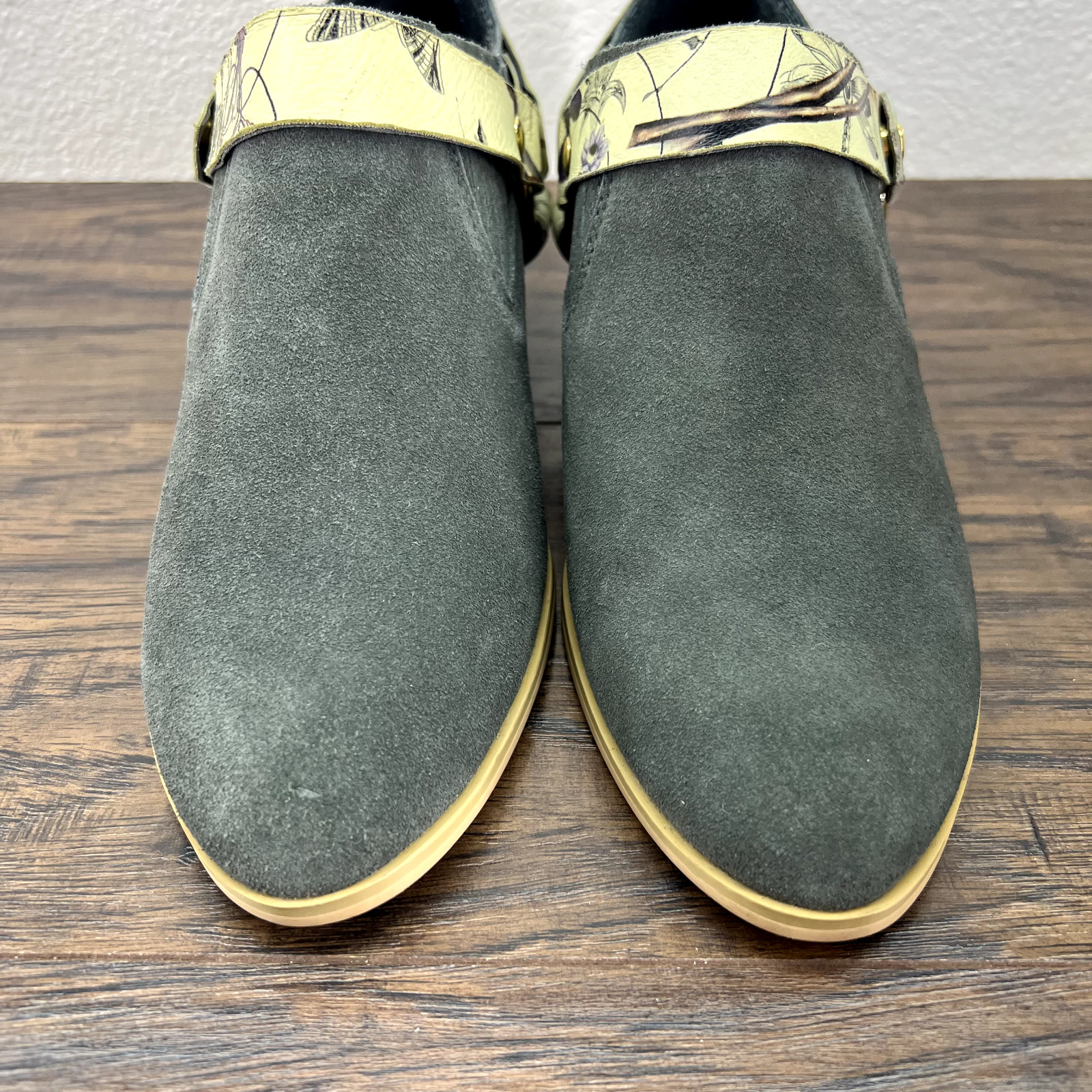 Farylrobin Boots Anthropologie Floral 6 Ankle Dark Gray Suede Harness Slip On