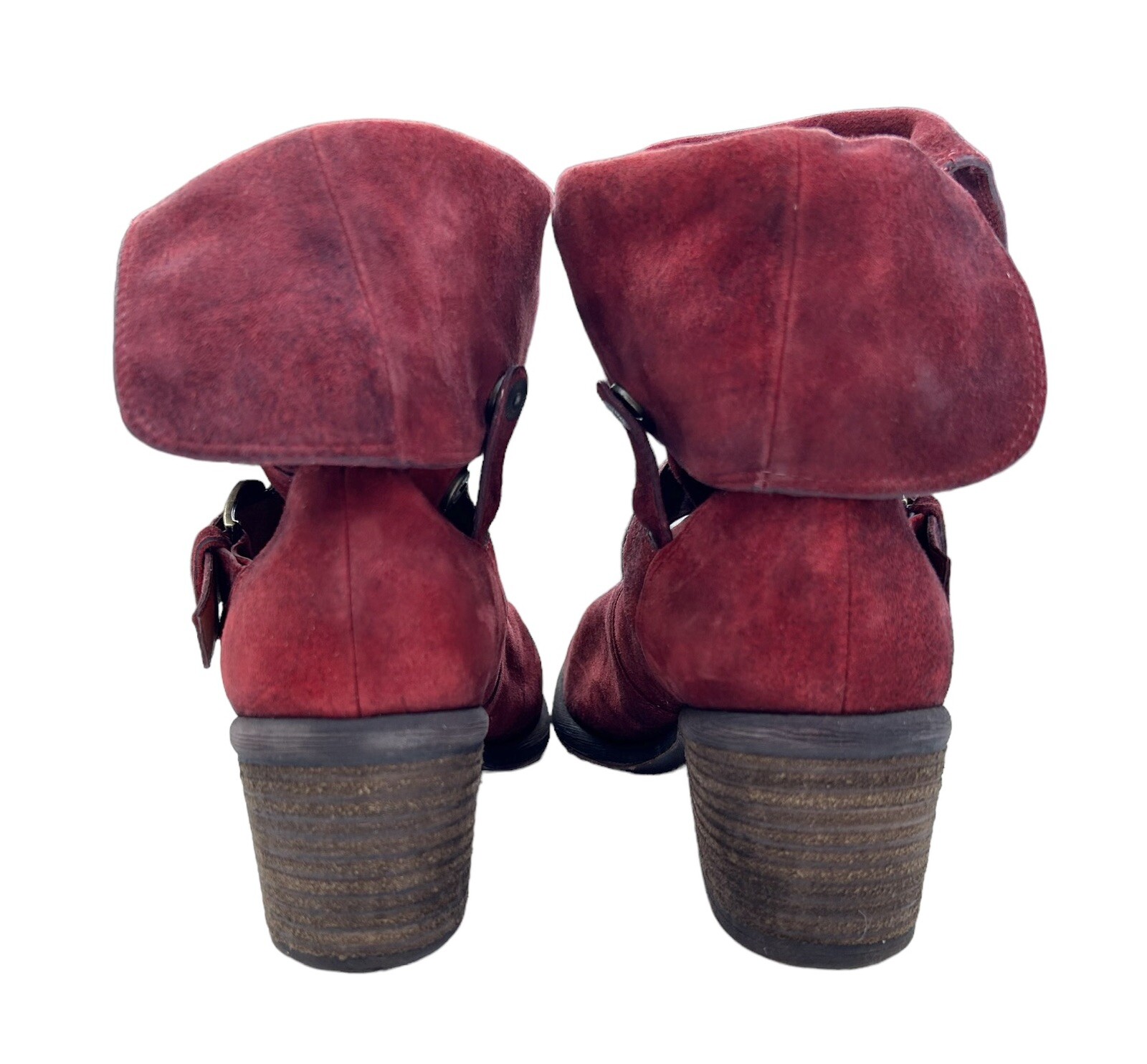 DONALD PLINER Moto Boots SIZE 6.5 Mid Calf Distressed Red Suede Buckle Fold Over