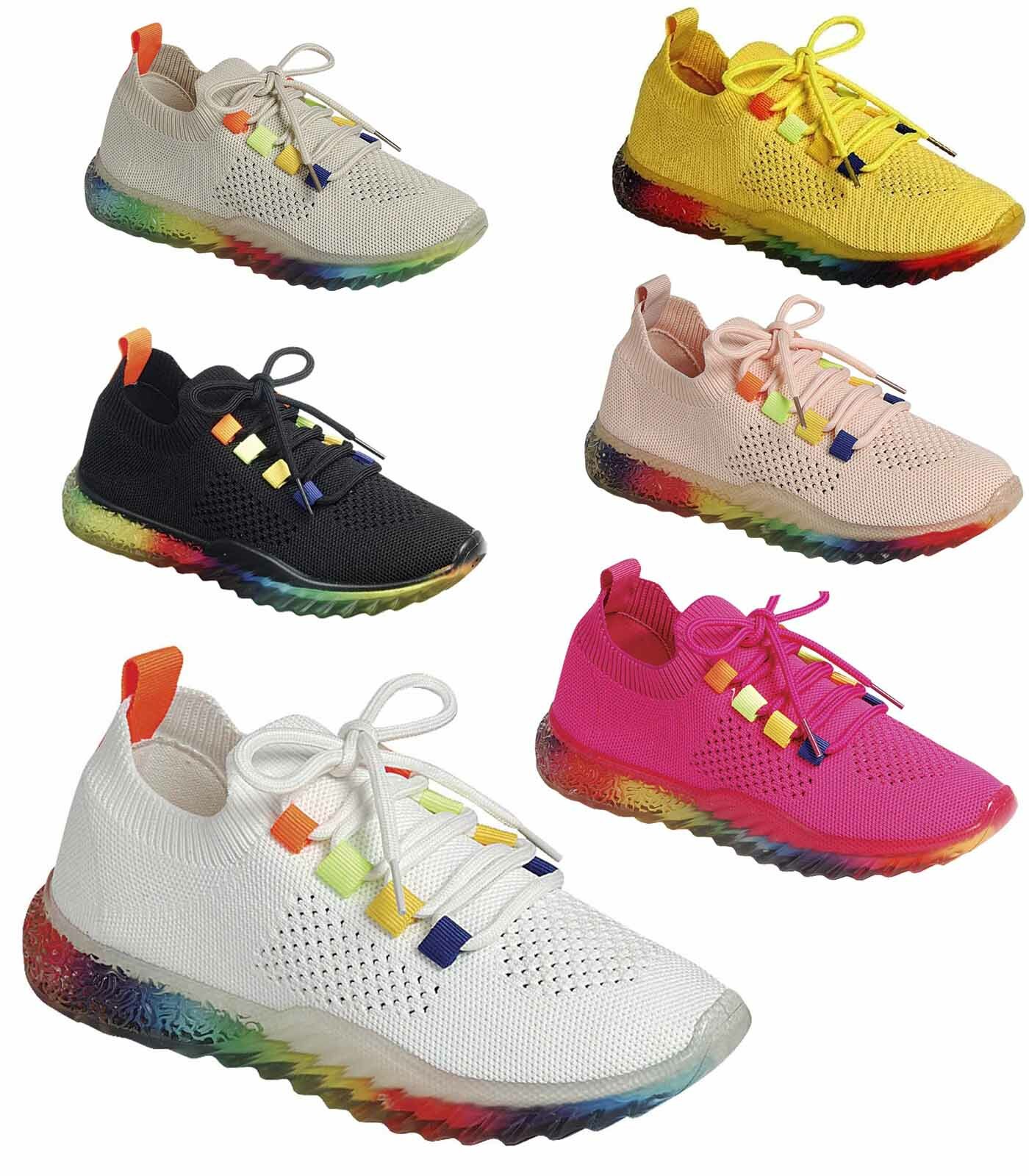 Women’s Rainbow Sole Color Knit Sock Slip On comfy Fashion Sneakers Shoes NEW