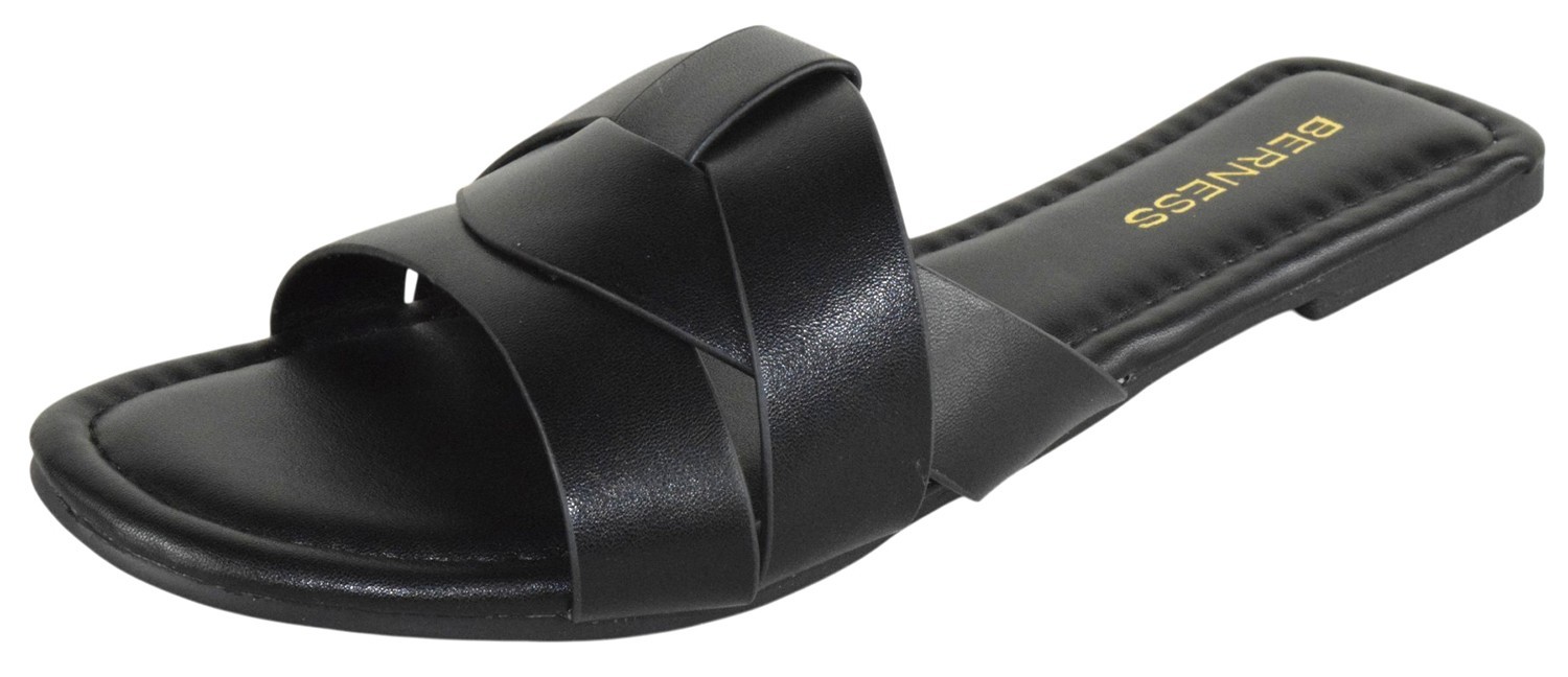 Berness Women Slide Sandals Criss Cross Strap Flat Slip-On Cushioned TOPAZ Black