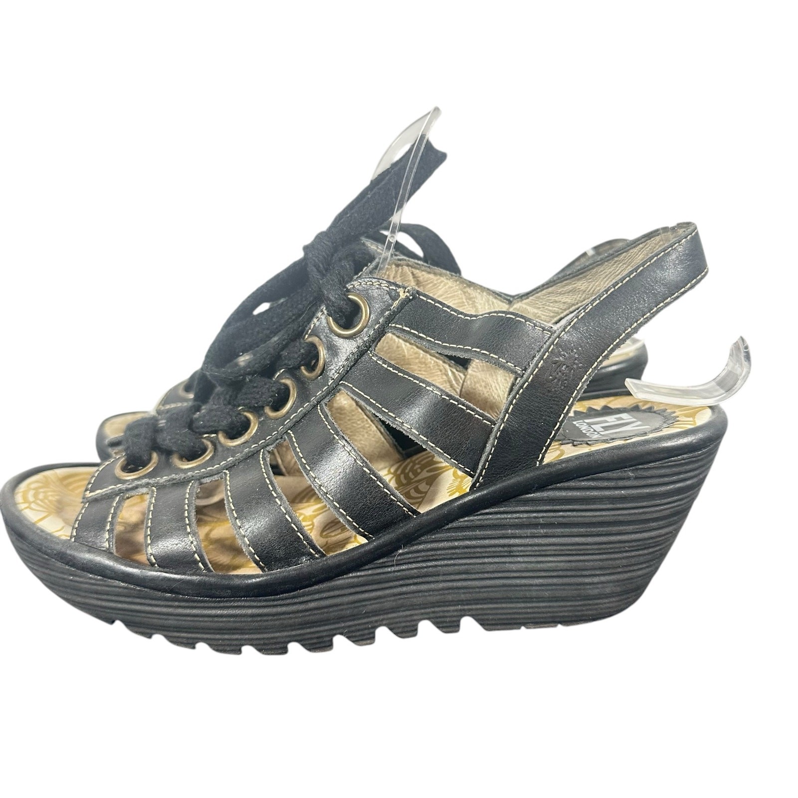 FLY London Wedge Sandals Sz 38 US 7 1/2-8 Lace-Up Gladiator Black Leather Yito