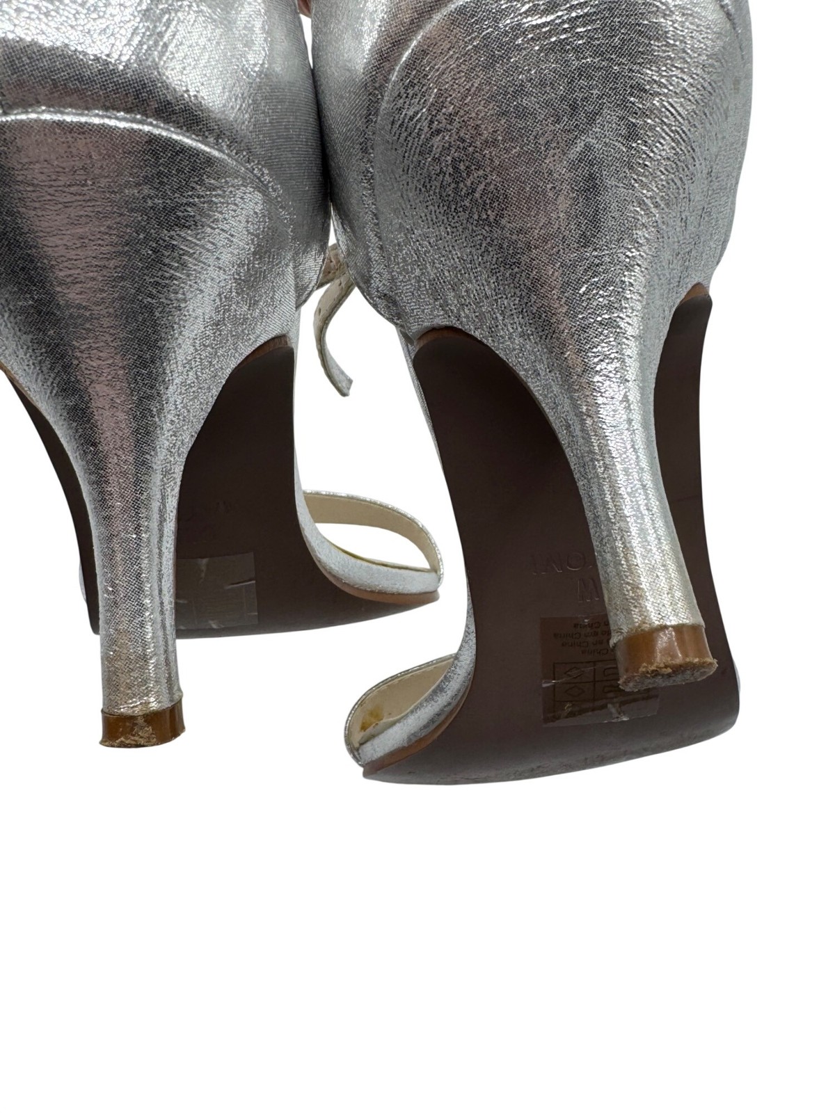 David’s Bridal Nayomi Silver Open-Toe Heels Size 9W Ankle Strap 3″ Stiletto