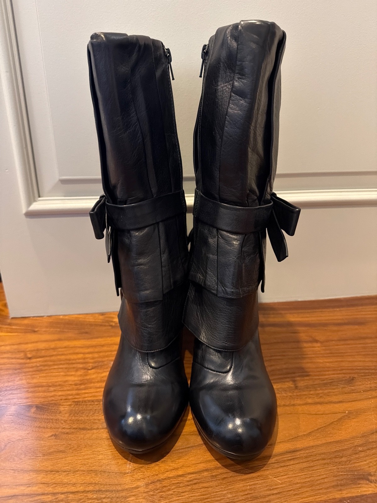 BNIB -CHIE MIHARA LEATHER MID CALF BOOTS IN BLACK PLEATED BOW ACCENT size 39