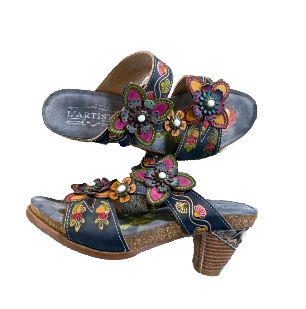 L’ARTISTE By Spring Step Leather Sandals With Flower Design Women Size 39