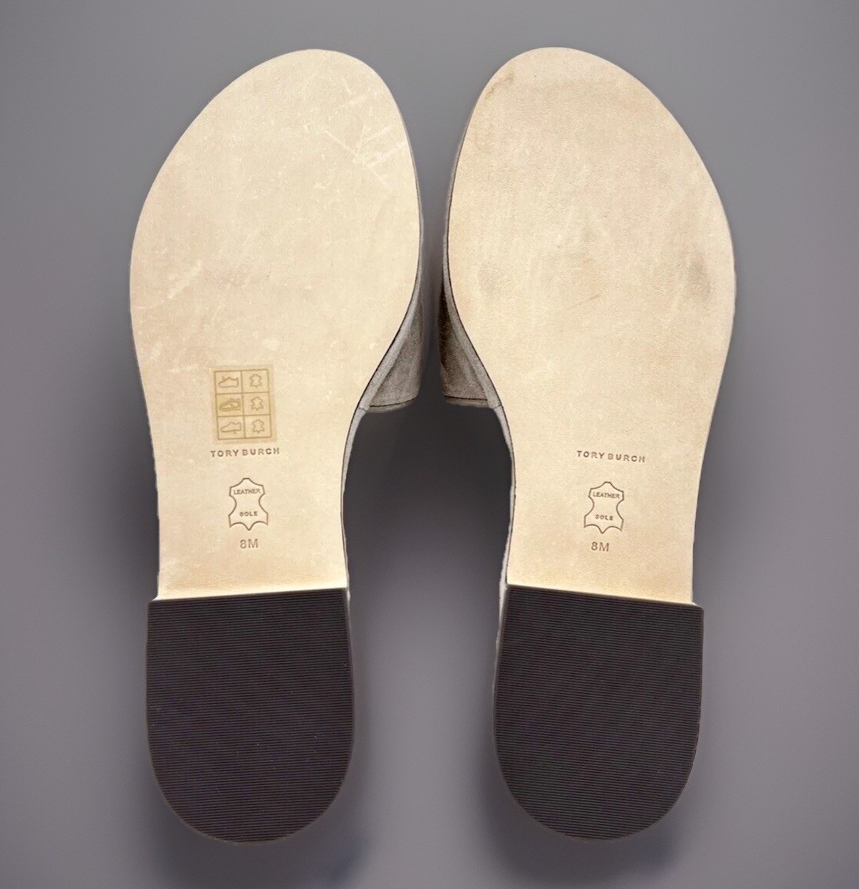 TORY BURCH ELEANOR SLIDE SANDAL CRYSTAL LOGO SUEDE GRAY HERON SZ US 8 NIB