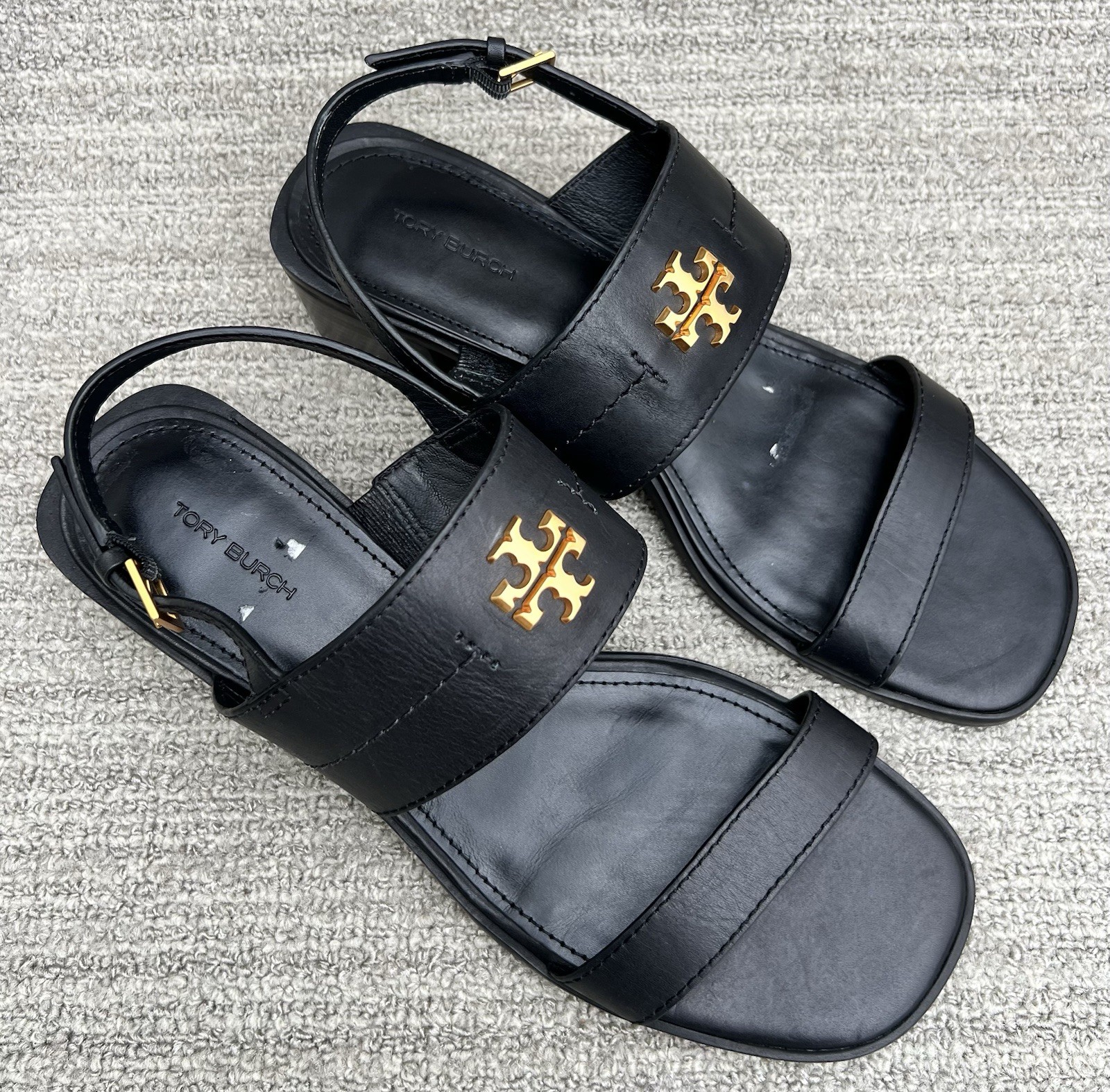 TORY BURCH Eleanor Block Heel Black Leather Sandals Women’s Size 10 US