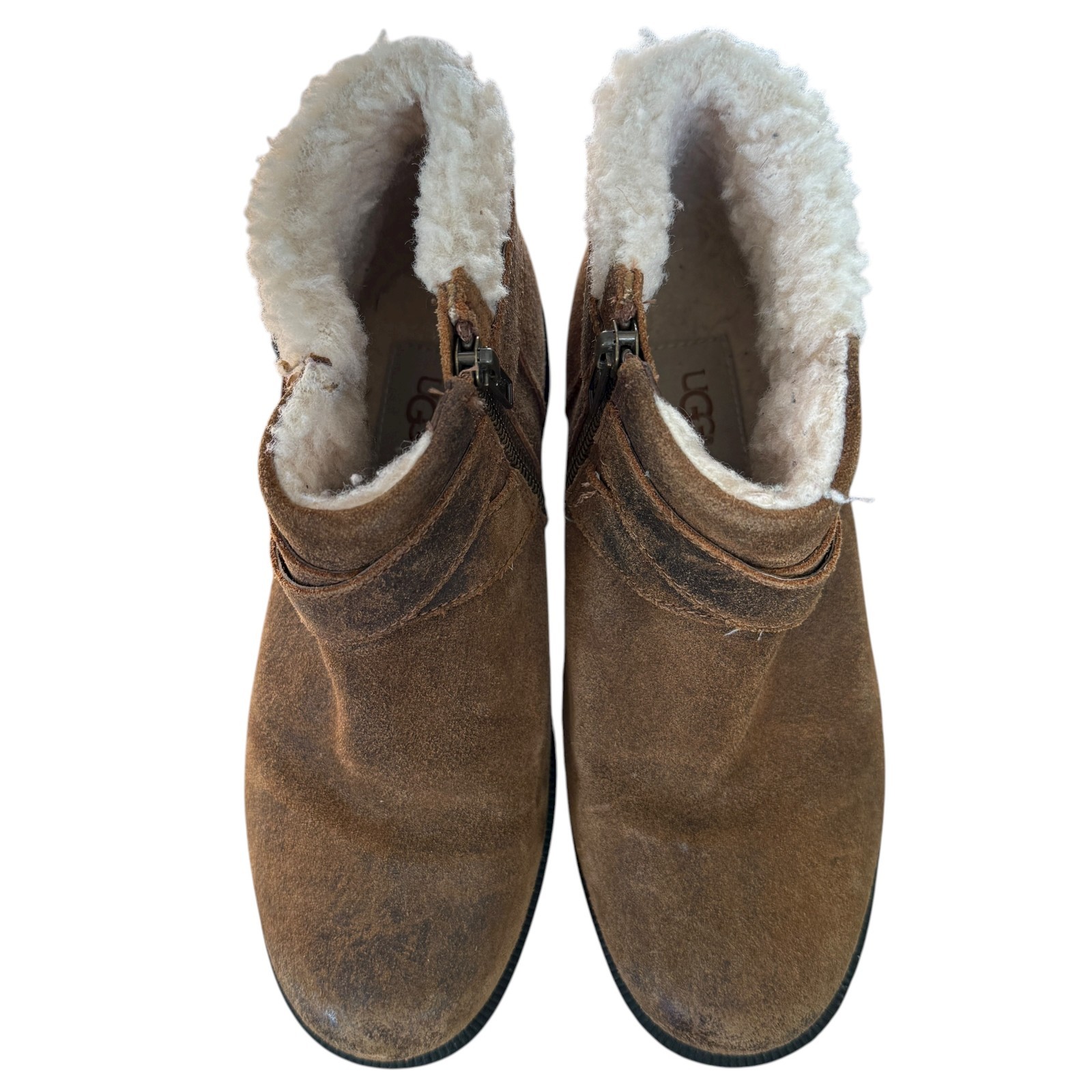 UGG Benson II waterproof ankle boot in brown leather buckle strap curly wool 6.5