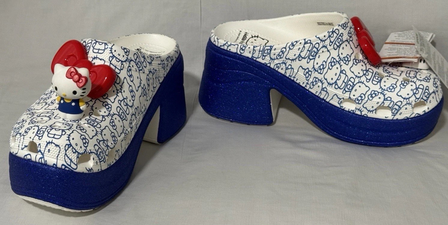 Crocs Hello Kitty 50th Siren Clog M9 W11 Blue White High Heel Jibbitz New NWT
