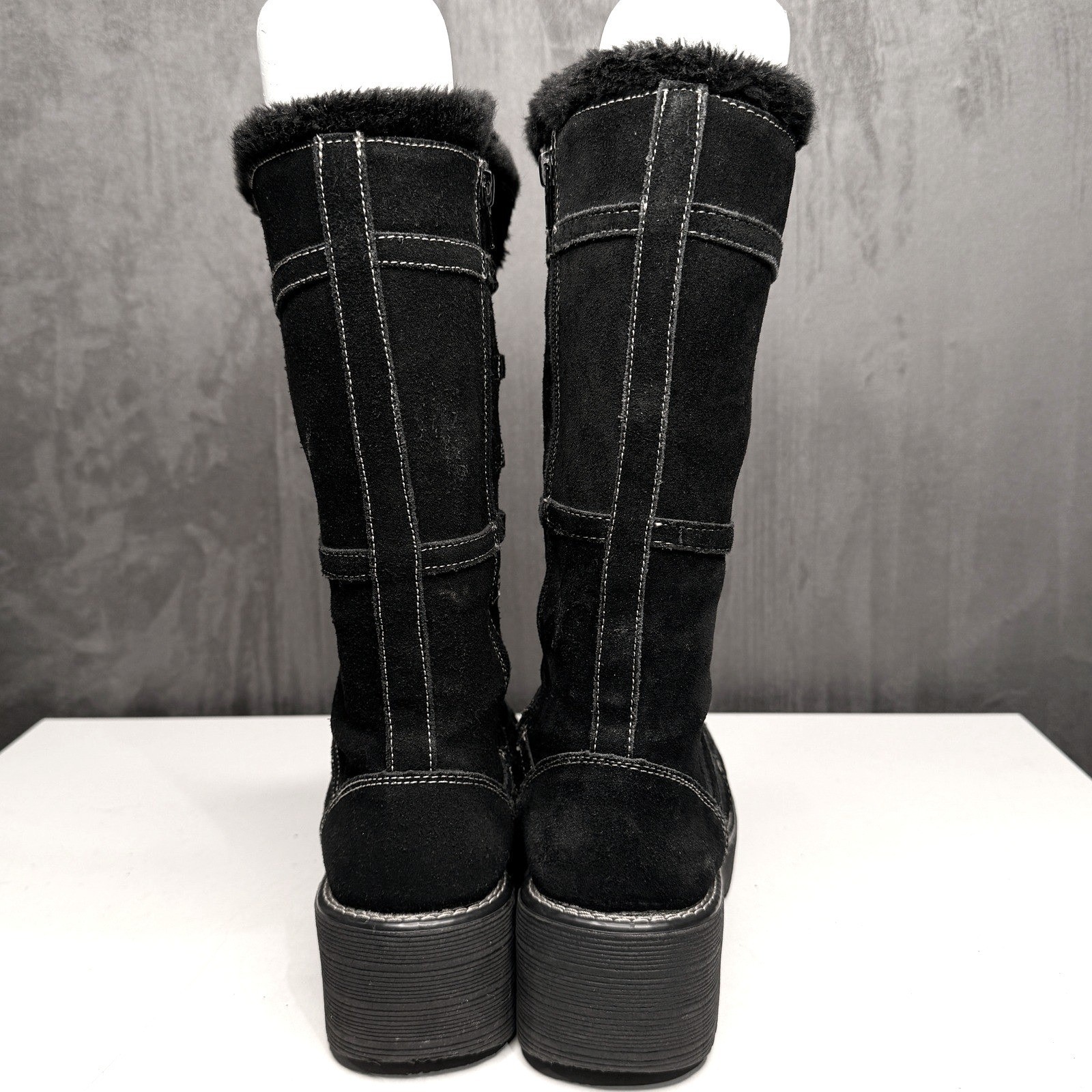 Vtg Y2K Boots Womens 40 Black Suede Faux Fur Platform Chunky Heel Emo Whimsigoth