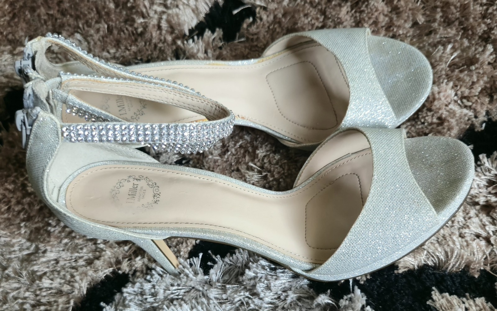 J.Miller Women’s Silver Glitter Rhinestone Ankle Strap Zip Open Toe Heels 10